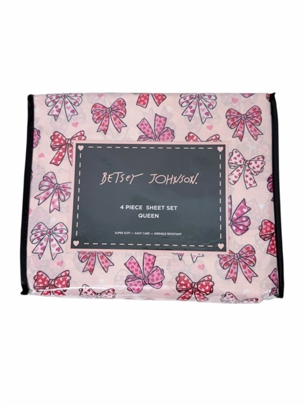 Betsey Johnson Queen Sheet Set Pink Bow Heart Print 4 Piece Bedding